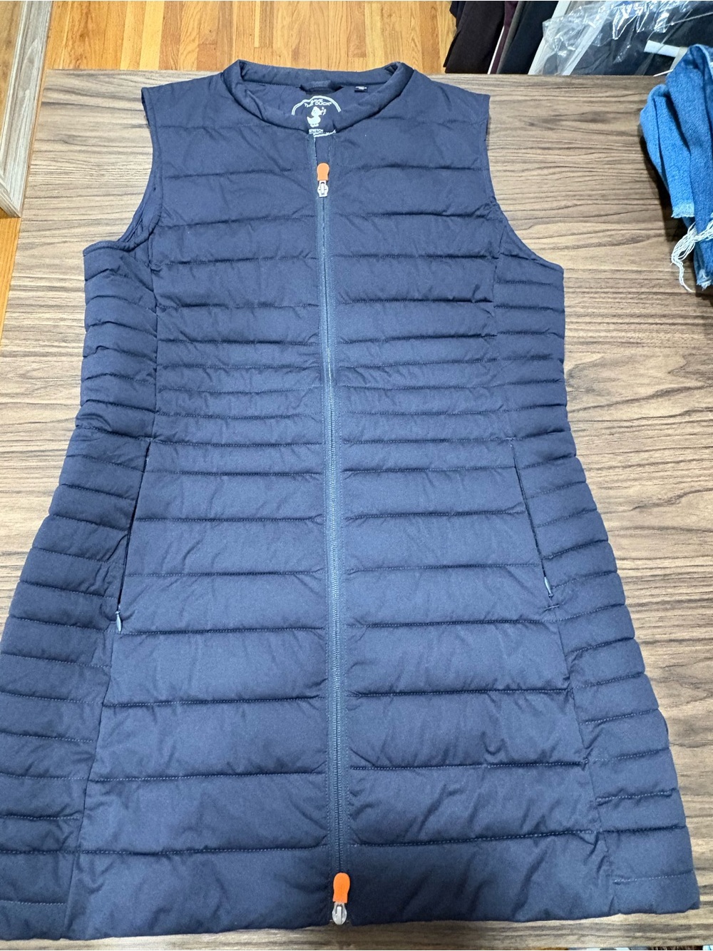 SAVE THE DUCK Navy Quilted Sleeveless Vest with Orange Pulls